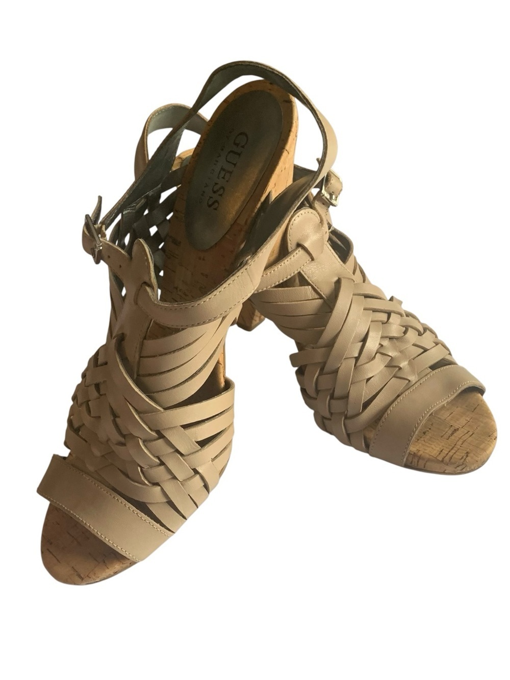 Guess Sandals by MARCIANO Braided Leather Cork Soles H3-3.5” Nude Beige 7.5